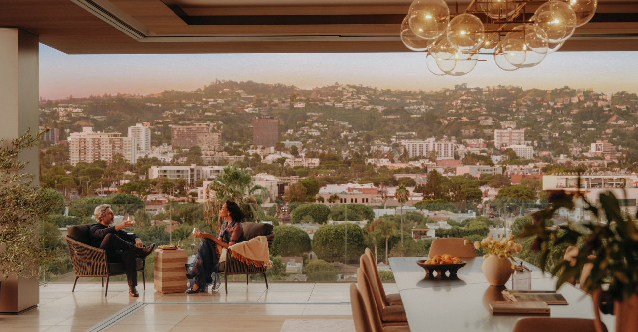 Montage of residents enjoying their homes and shared amenity spaces at 8899 Beverly Blvd, as well as views of Los Angeles.